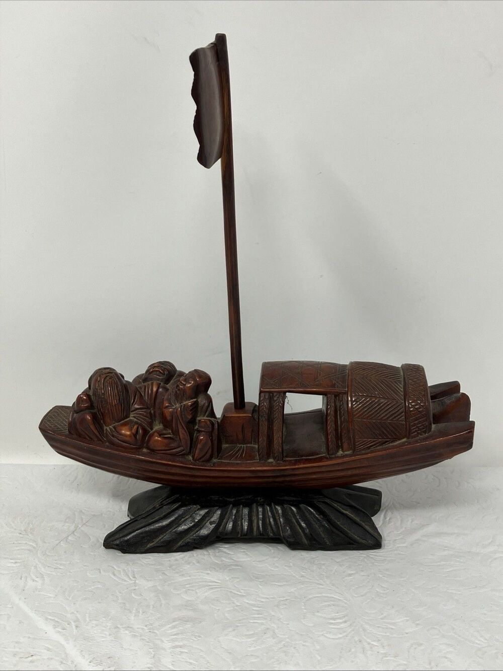 Vintage Chinese Folk Boxwood Wood Carved fishing boat w/ Detachable Sail & Stand